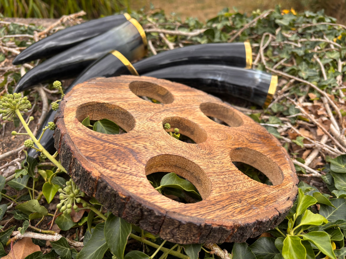 Viking Horn Mead & Wine Glasses —Set of 5 200ml horns with a wooden holder that fits onto a bottle of mead