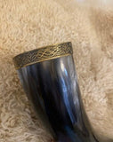Viking Drinking Horn - Bearserker Brass Capped Horn with Nordic Knotwork around the lip