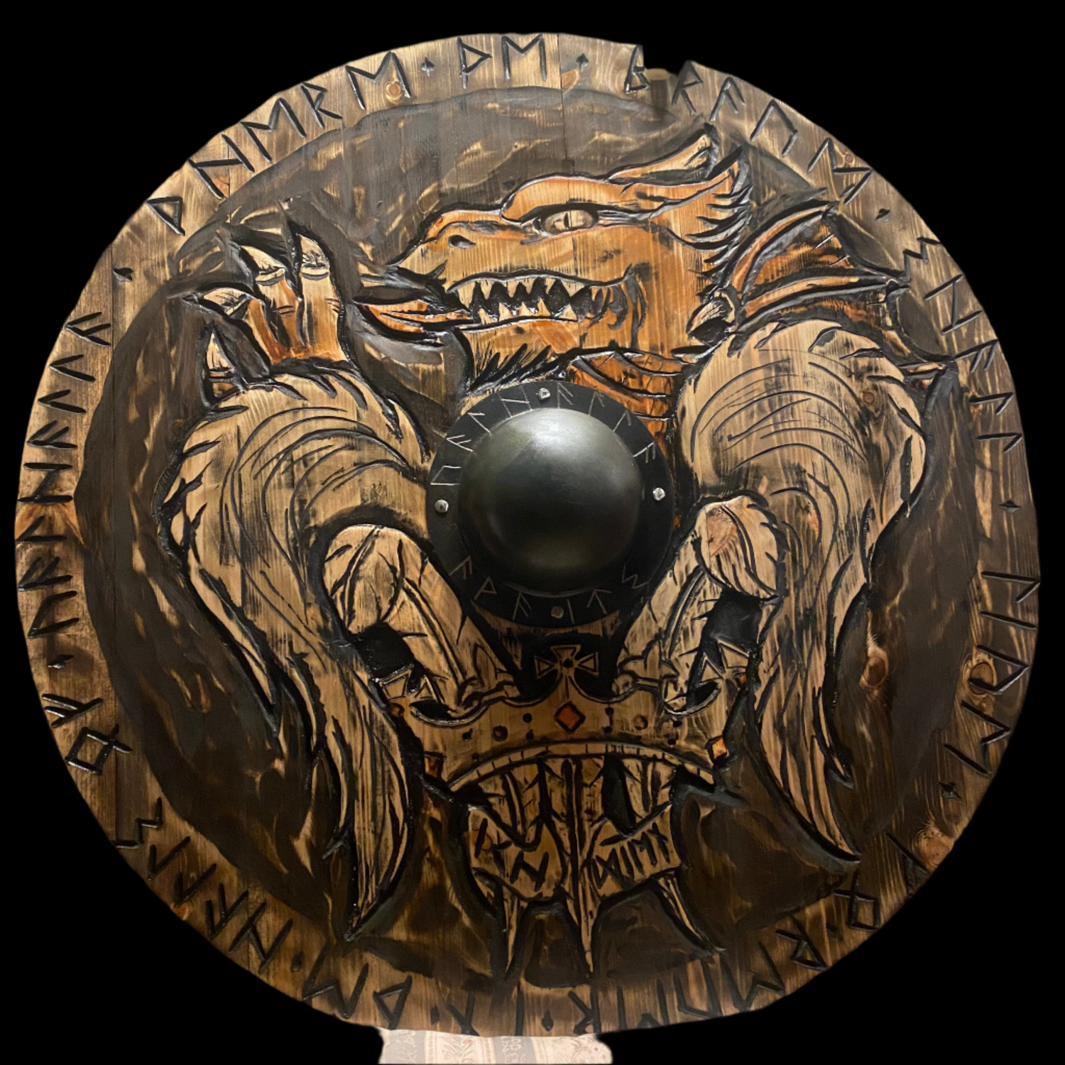Viking blowing horn carved as a replica of the British Museum Oliphant, full length view
