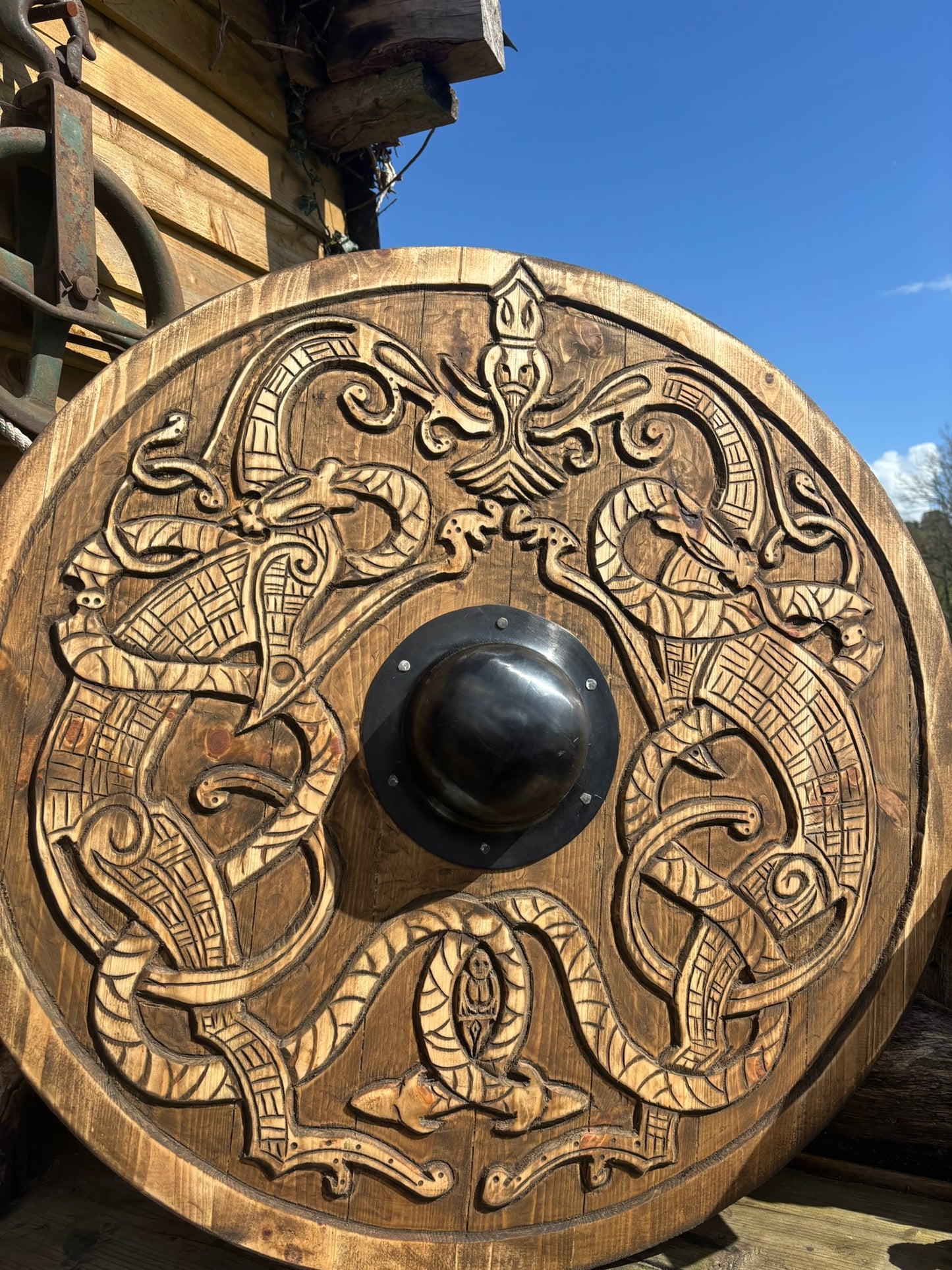 32" Hand Carved Viking Shield in Urnes style carving, made by hand