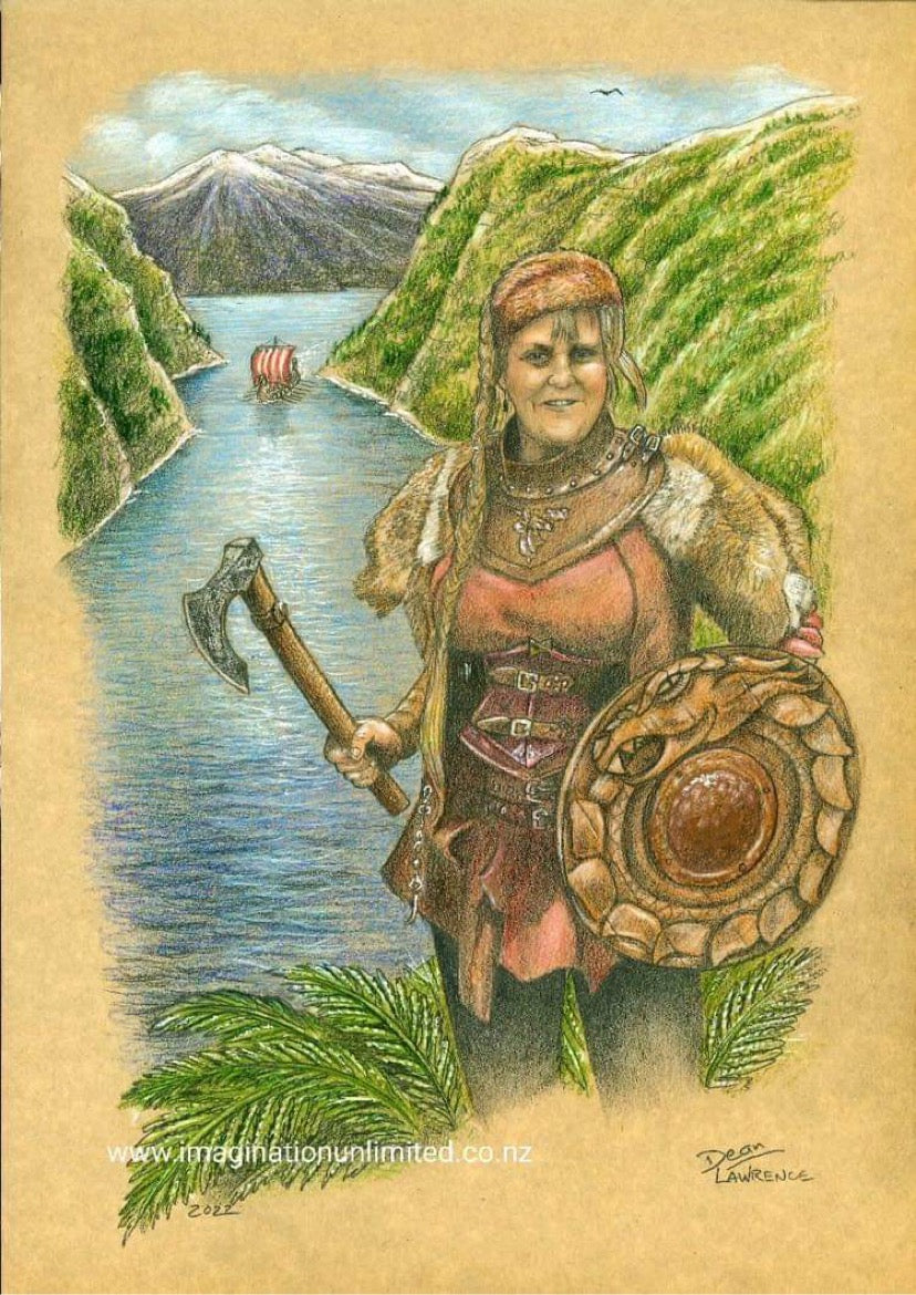 My client loved her shield so much she had a drawing commissioned of herself with it