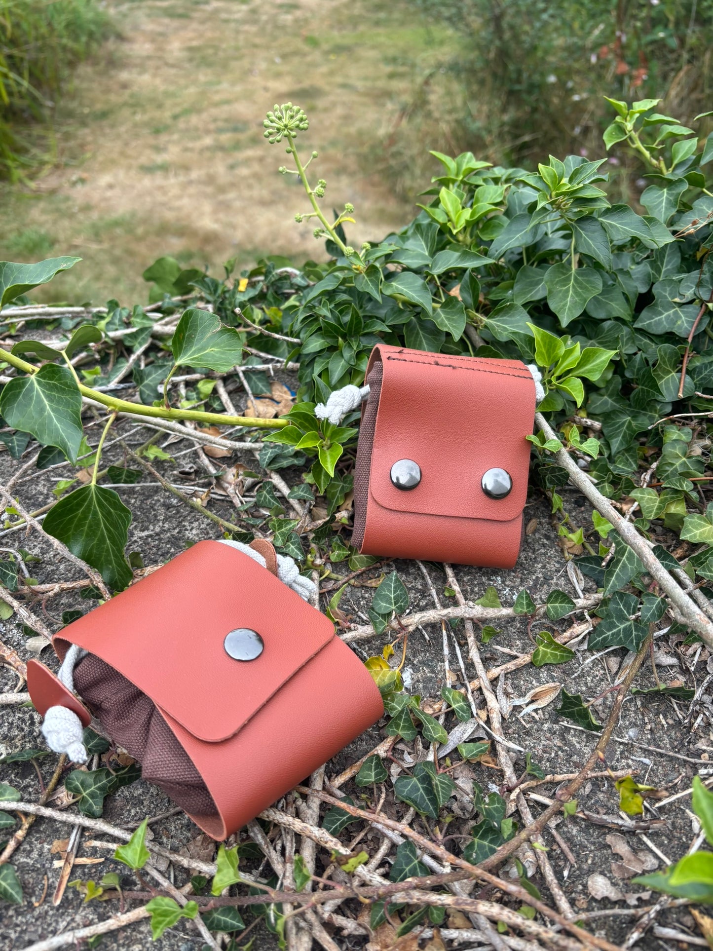 Two small reddish-brown leather pouches or cases with silver snap buttons are placed outdoors on the ground among green ivy, twigs, and soil.