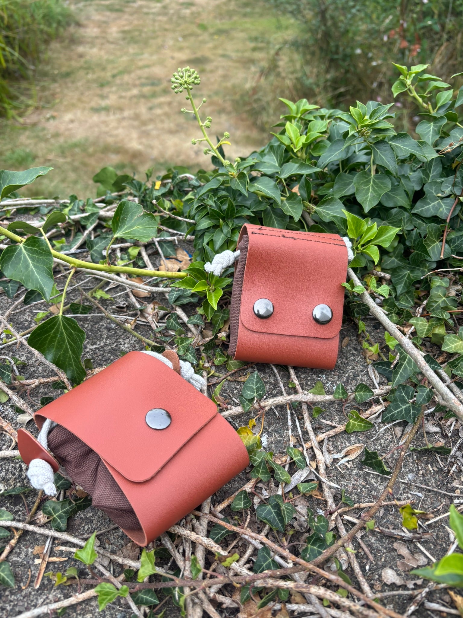 Two small reddish-brown leather pouches or cases with silver snap buttons are placed outdoors on the ground among green ivy, twigs, and soil.