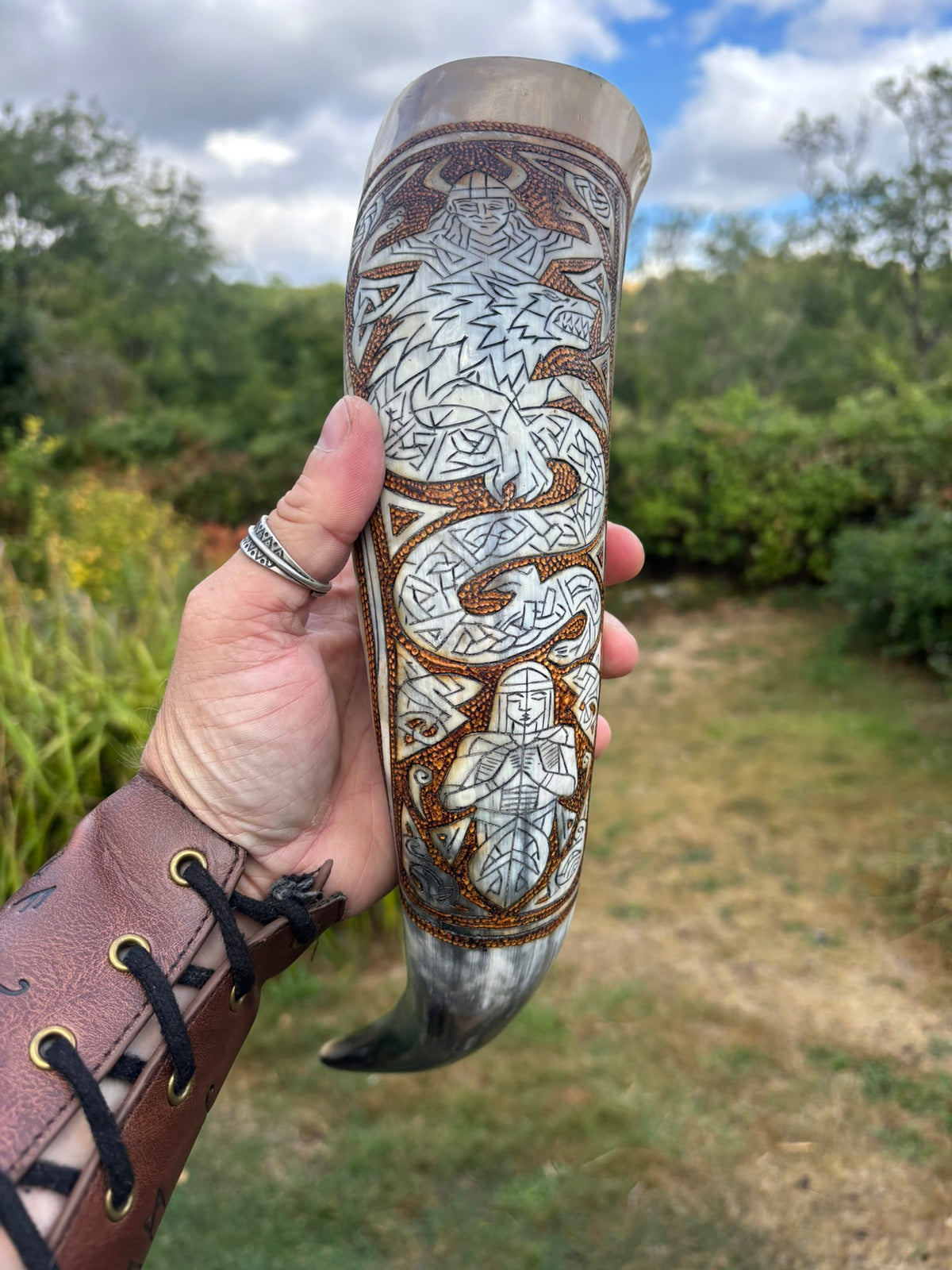 A hand holds a carved horn drinking vessel outdoors, featuring intricate Norse-style dragon and warrior engravings in silver and brown tones. The background shows a blurred grassy landscape with trees and sky.