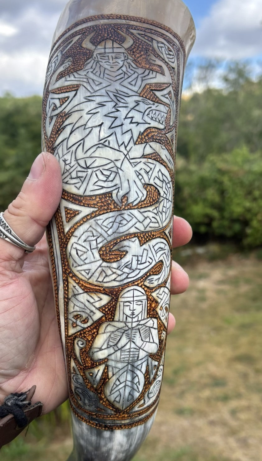 Loki, Hela, Fenrir and Jormungandr drinking horn
