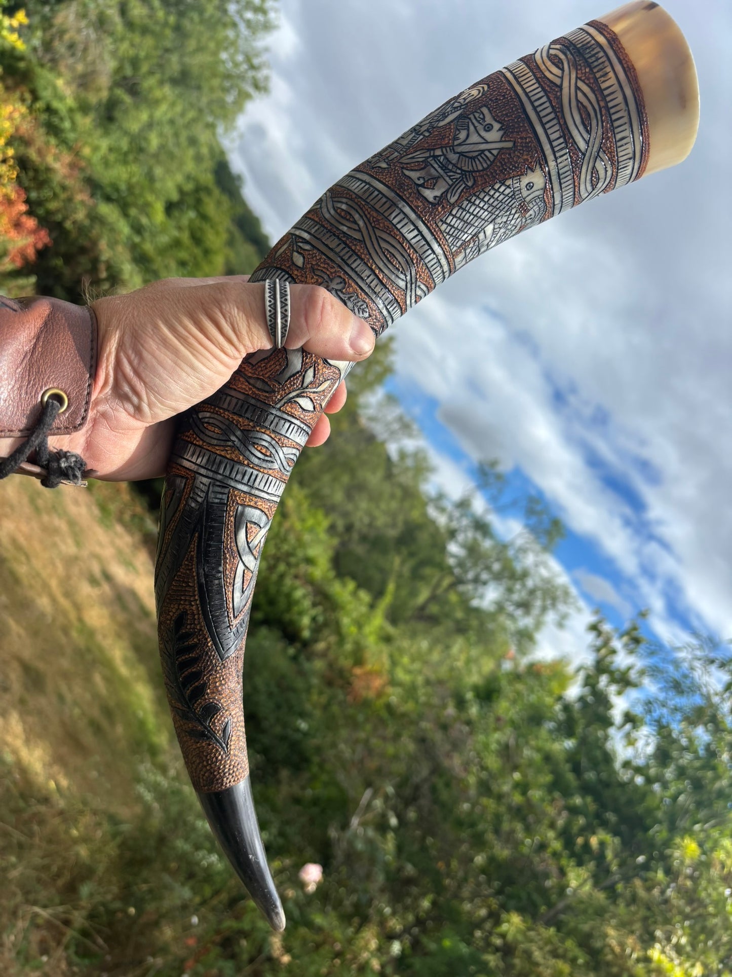 A hand holds a carved horn or tusk-style object outdoors, with a blurred background of trees and blue sky. The item has dark brown and black geometric and animal-style engravings and a light tan tip.