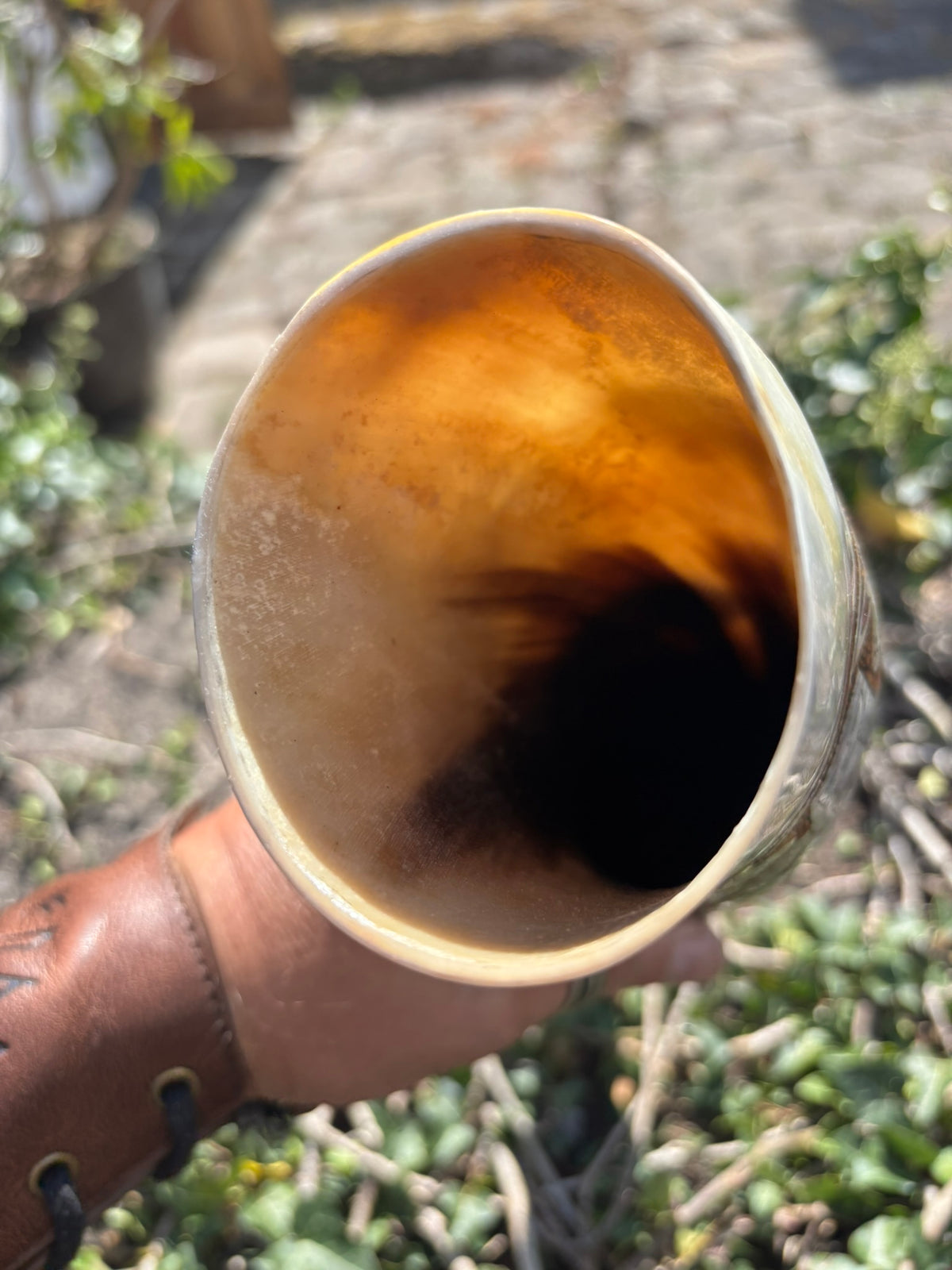 A handmade Viking Drinking horn with a hand-painted ochre and black design, held by a hand wearing a brown leather sleeve against an outdoor garden background.