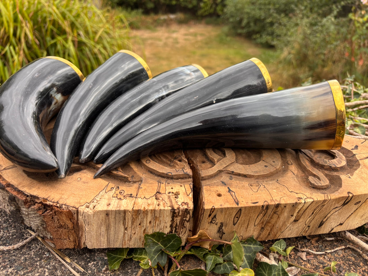 Viking Horn Mead & Wine Glasses — Set of 5 with Wooden Holder, perfectly unique on top of a carved plate