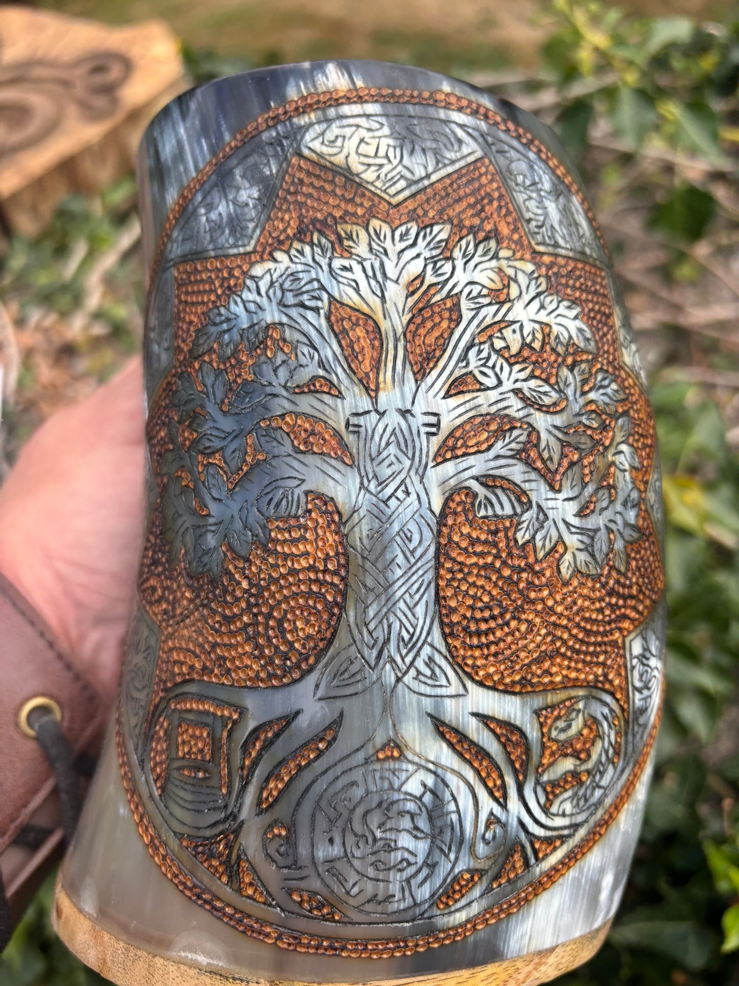 Yggdrasil Carved Horn, close up of the intricate carving on a Viking tankard