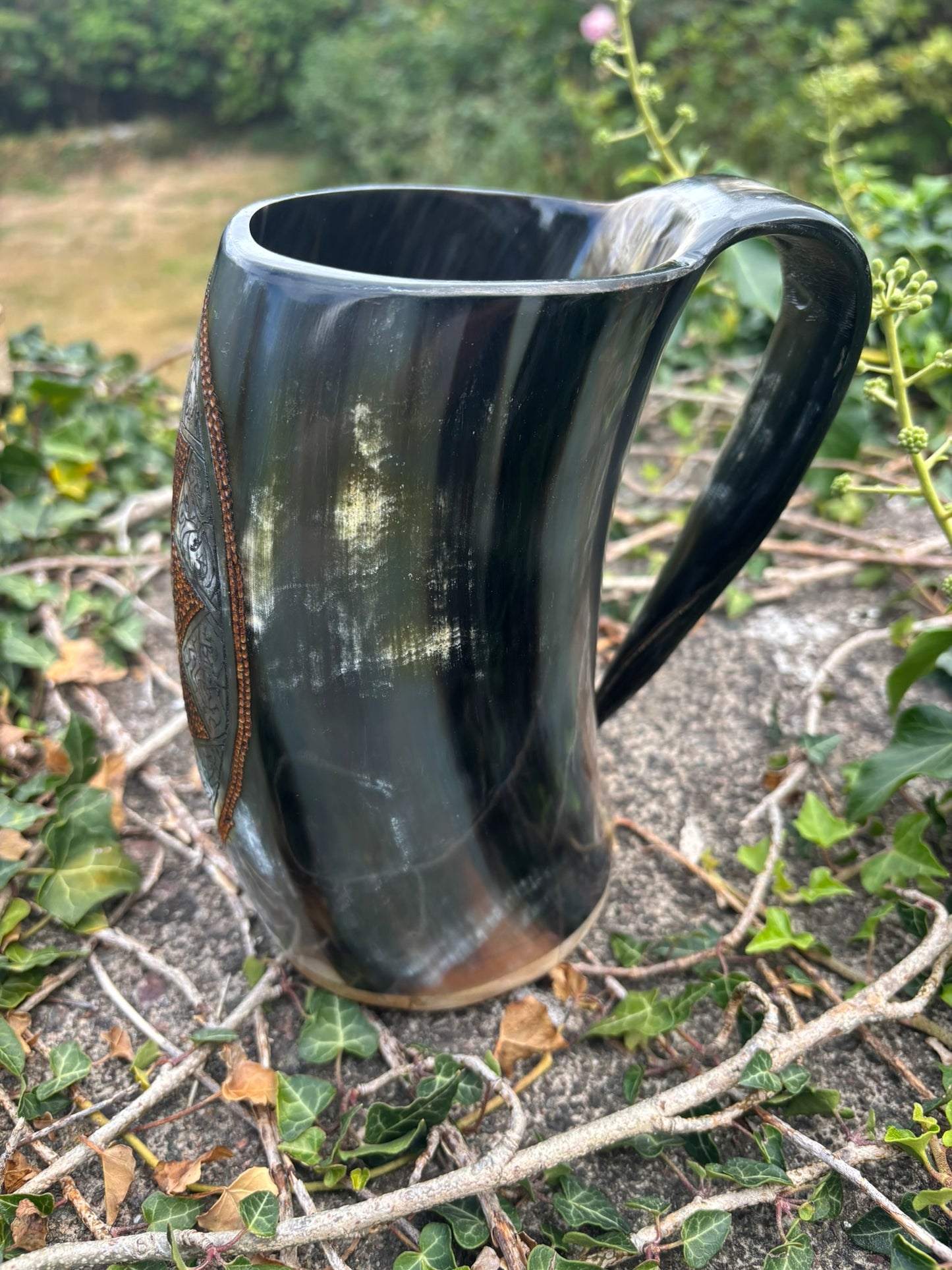 Yggdrasil Horn Mug, great for beer or mead showing the handle that can also clip onto a belt