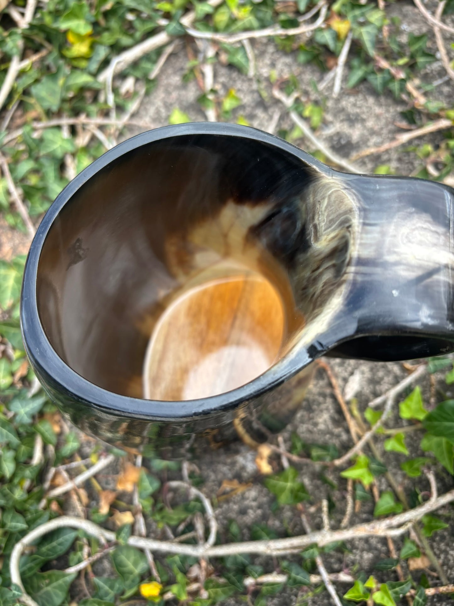 A handmade black horn mug with a natural wood interior, photographed from a top-down angle on an outdoor ground covered in green ivy and twigs.