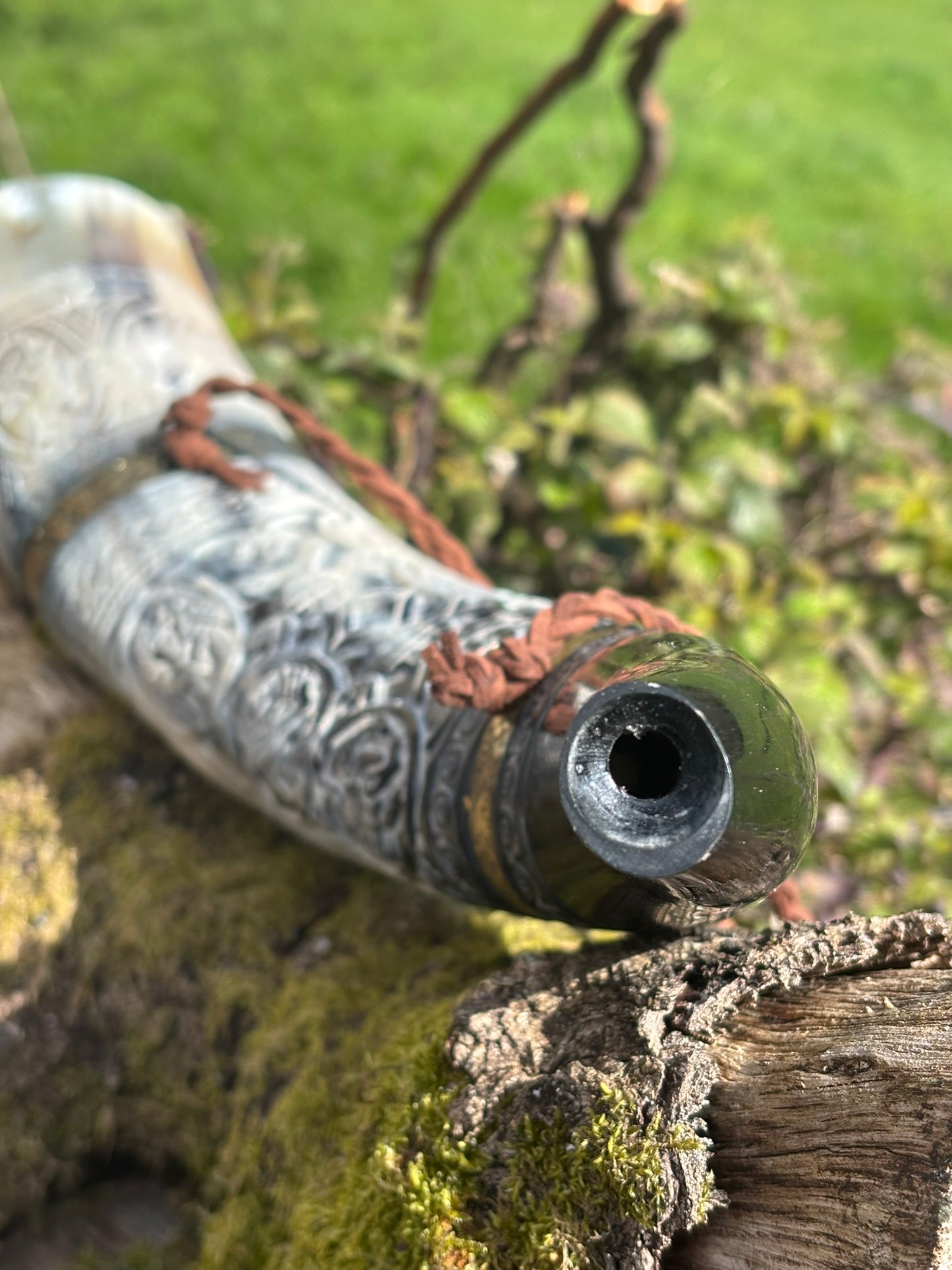 Aperture and mouthpiece detail of ox horn Oliphant replica blowing horn
