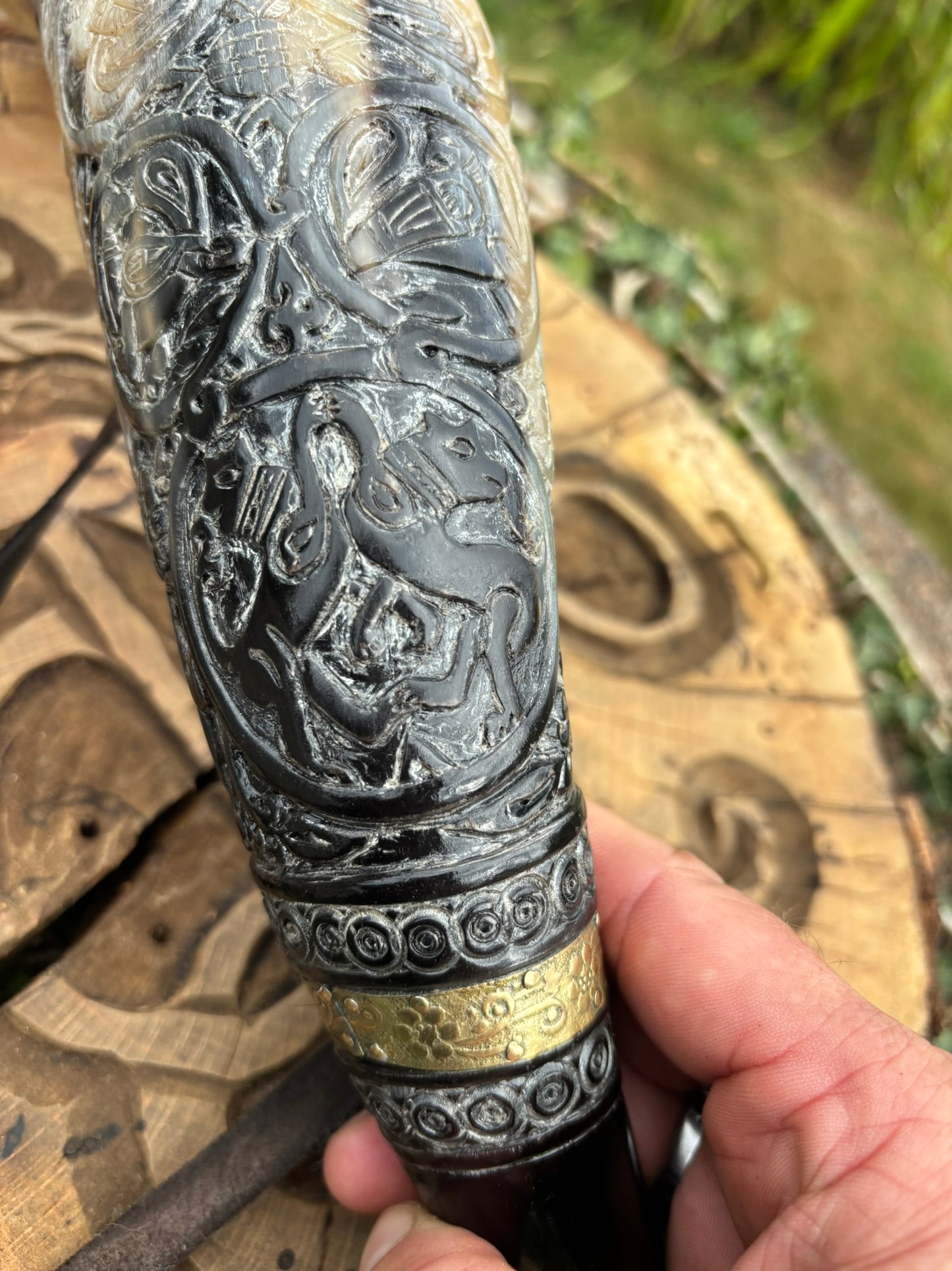Intricate interlaced carving on Viking blowing horn, Oliphant replica, mid section
