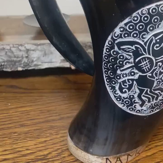 Sleipnir Viking Tankard- Hand Carved Viking Drinking Horn Tankard