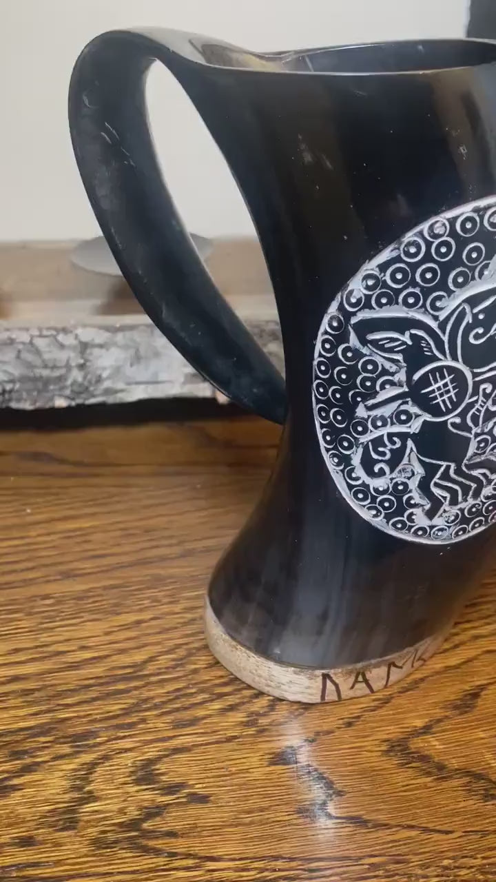 Sleipnir Viking Tankard- Hand Carved Viking Drinking Horn Tankard