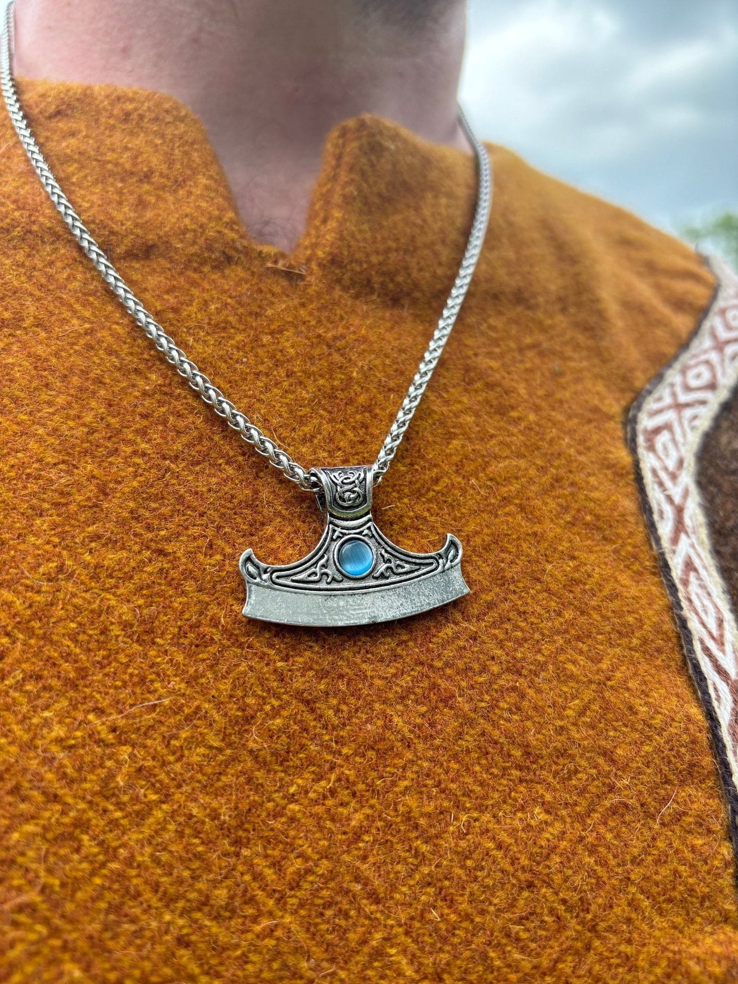 Viking Axe Head Pendant — Celtic Knotwork with Blue Stone - Bushman Survival