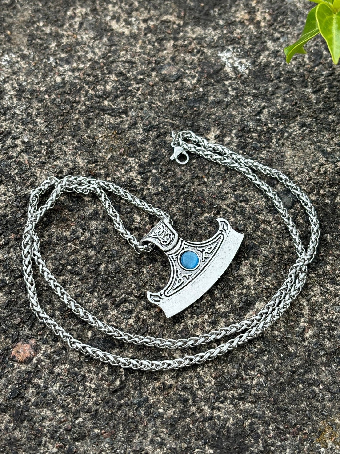 Viking Axe Head Pendant — Celtic Knotwork with Blue Stone - Bushman Survival