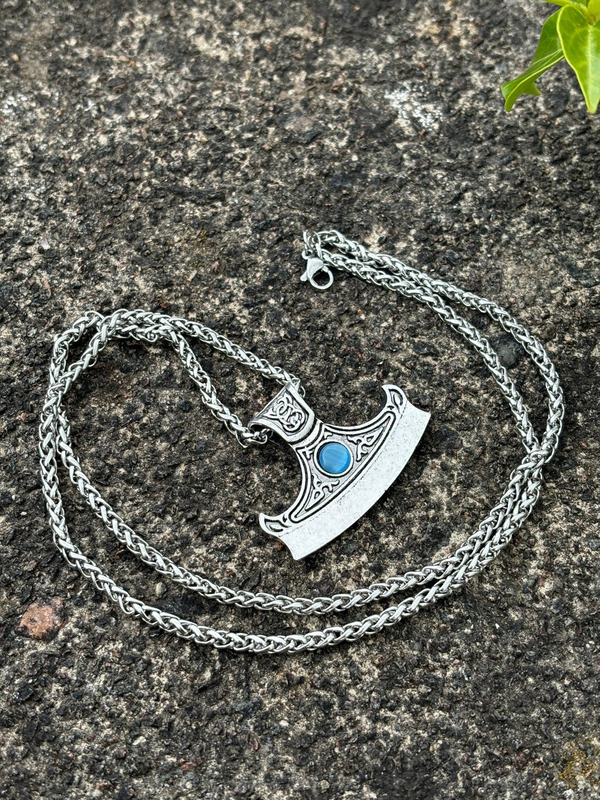 Viking Axe Head Pendant — Celtic Knotwork with Blue Stone - Bushman Survival
