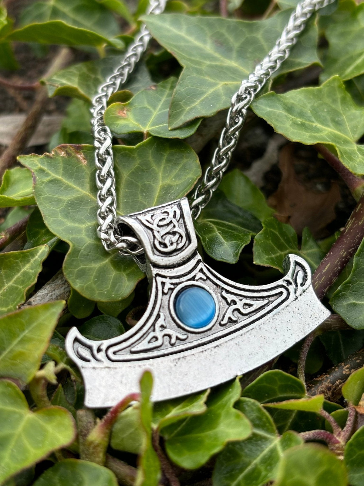 Viking Axe Head Pendant — Celtic Knotwork with Blue Stone - Bushman Survival