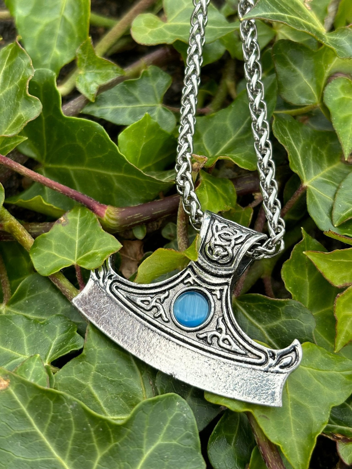 Viking Axe Head Pendant — Celtic Knotwork with Blue Stone - Bushman Survival