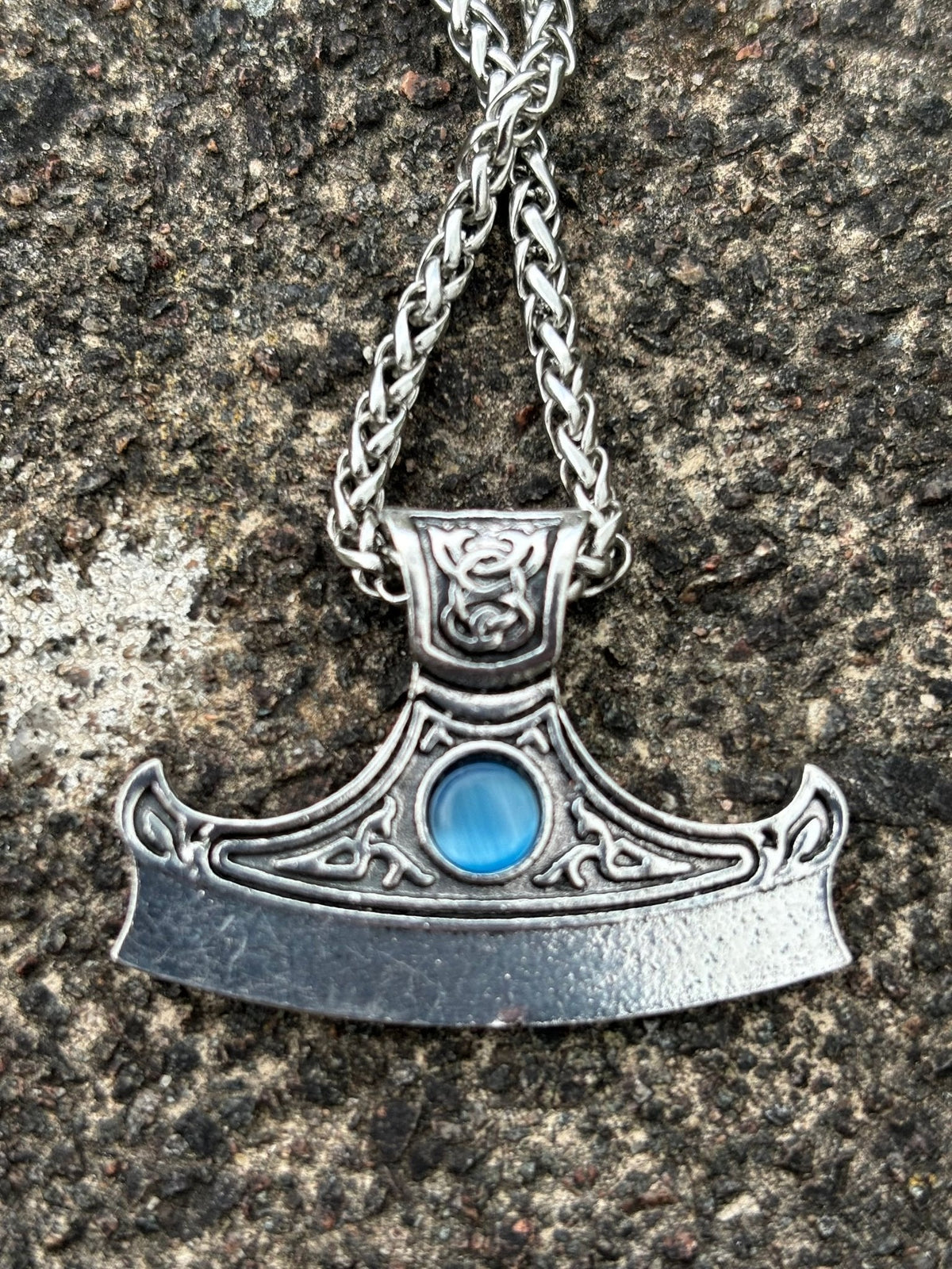 Viking Axe Head Pendant — Celtic Knotwork with Blue Stone - Bushman Survival