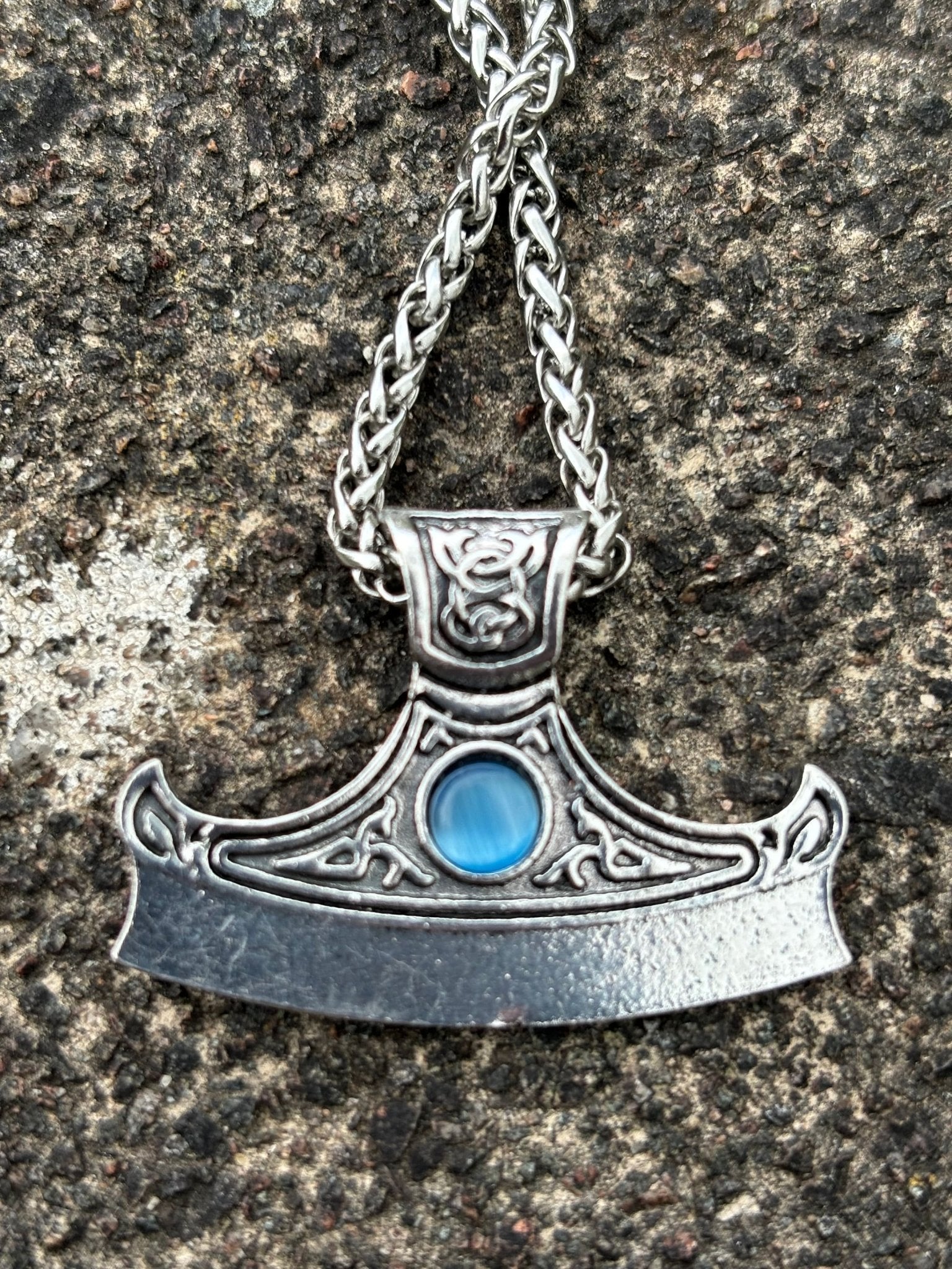 Viking Axe Head Pendant — Celtic Knotwork with Blue Stone - Bushman Survival