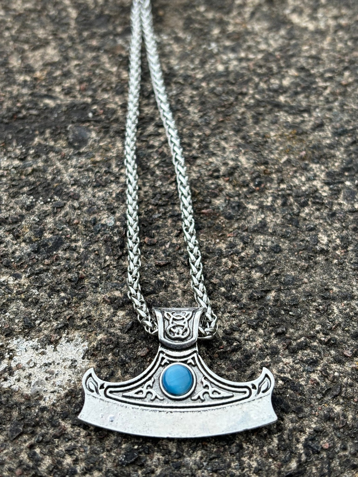 Viking Axe Head Pendant — Celtic Knotwork with Blue Stone - Bushman Survival