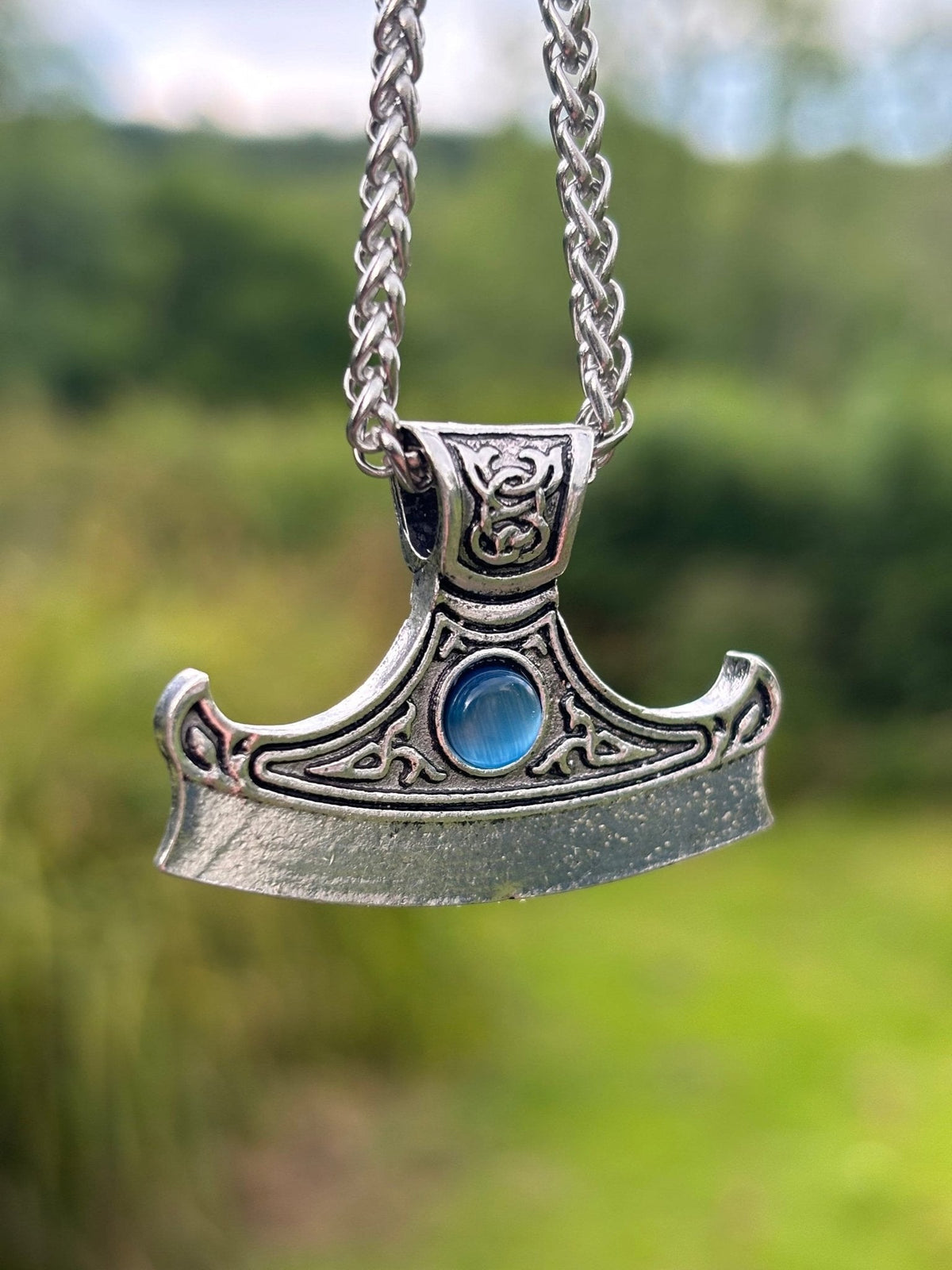 Viking Axe Head Pendant — Celtic Knotwork with Blue Stone - Bushman Survival