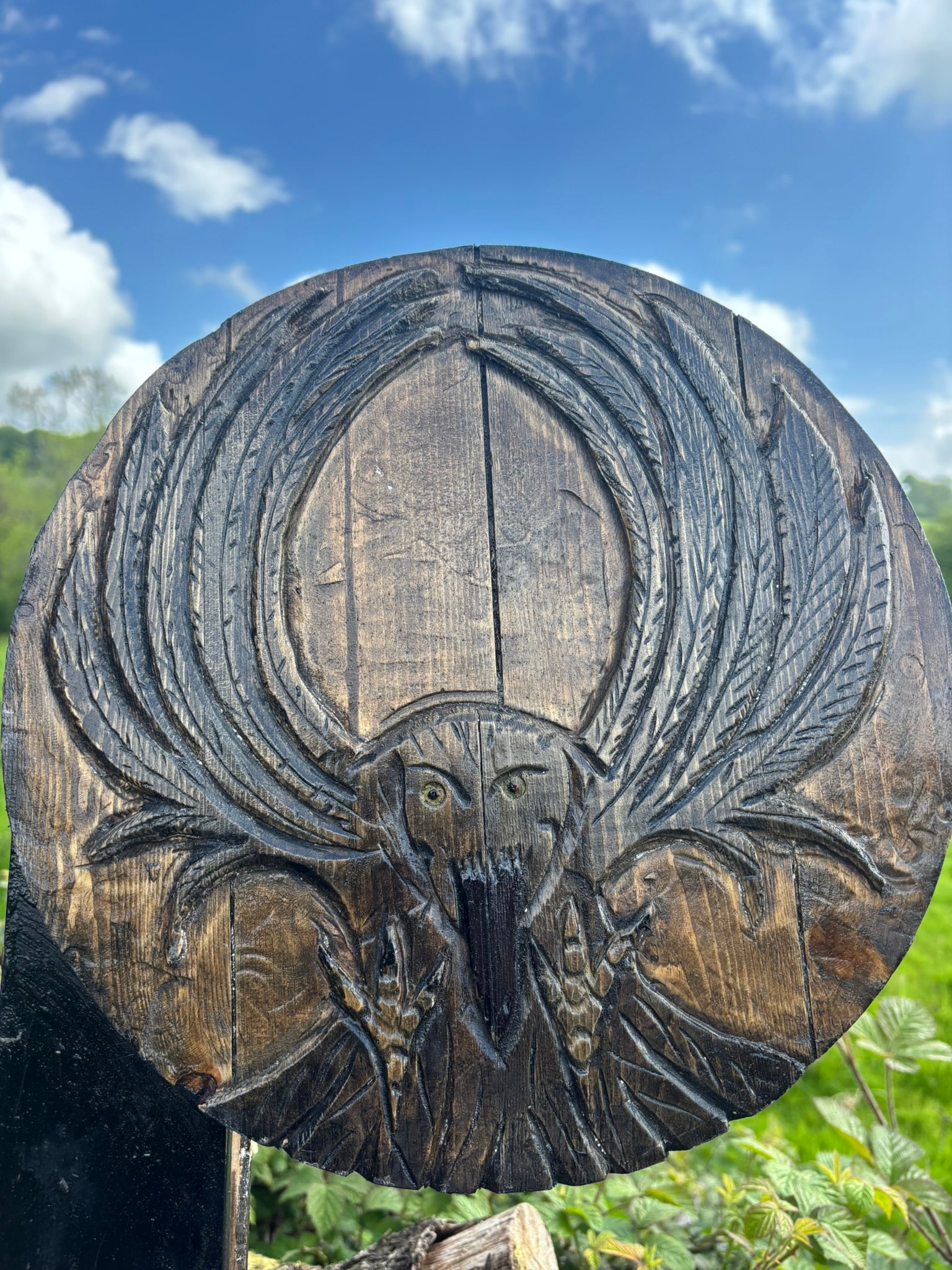 Wild Raven carved on a 22" shield, made to order project for a customer