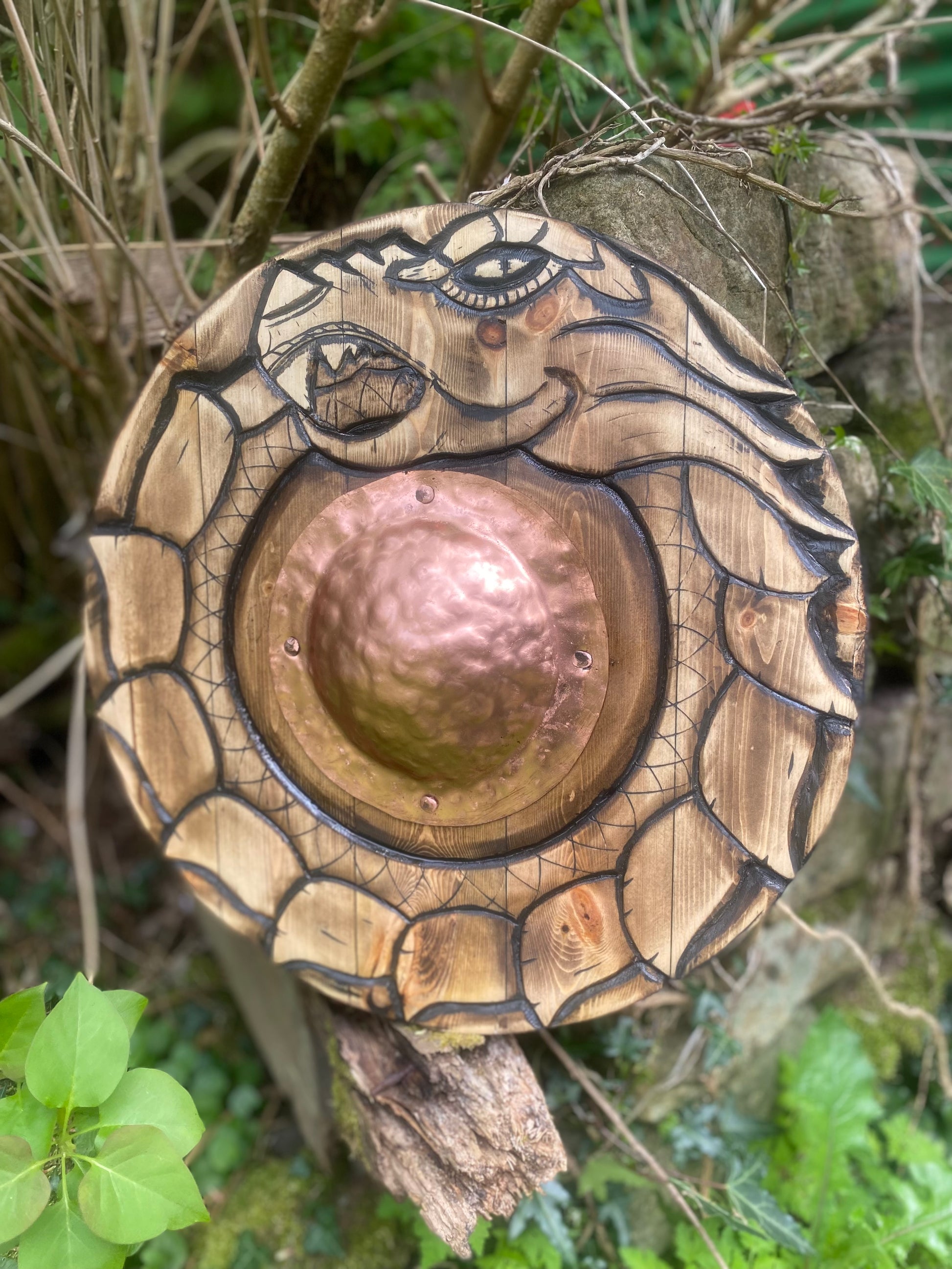 .-Customer_Shield_Complete, 22" hand-carved Viking round shield, Anglo-Saxon style — made in South Wales