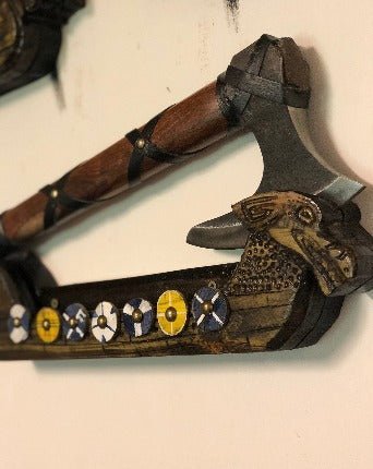 Carved Viking Ship Axe Holder, Axe Stand - Bushman Survival
