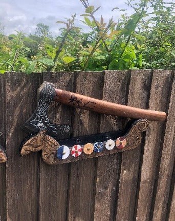 Carved Viking Ship Axe Holder, Axe Stand - Bushman Survival