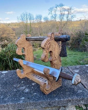 Hand Carved Sword Stand - Holds 4 Swords or Axes - Bushman Survival