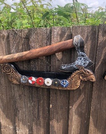 Viking Ship Axe Holder — Hand-Carved Wall Mount - Bushman Survival