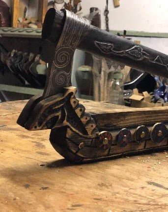 Viking Ship Axe Holder — Hand-Carved Wall Mount - Bushman Survival
