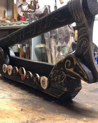 Viking Ship Axe Holder — Hand-Carved Wall Mount - Bushman Survival